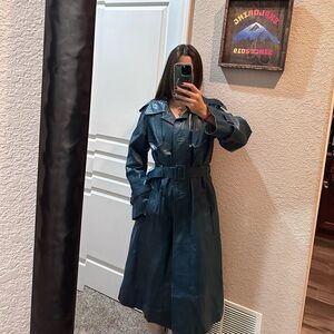 Vintage The Tannery blue leather trench coat. Size 14